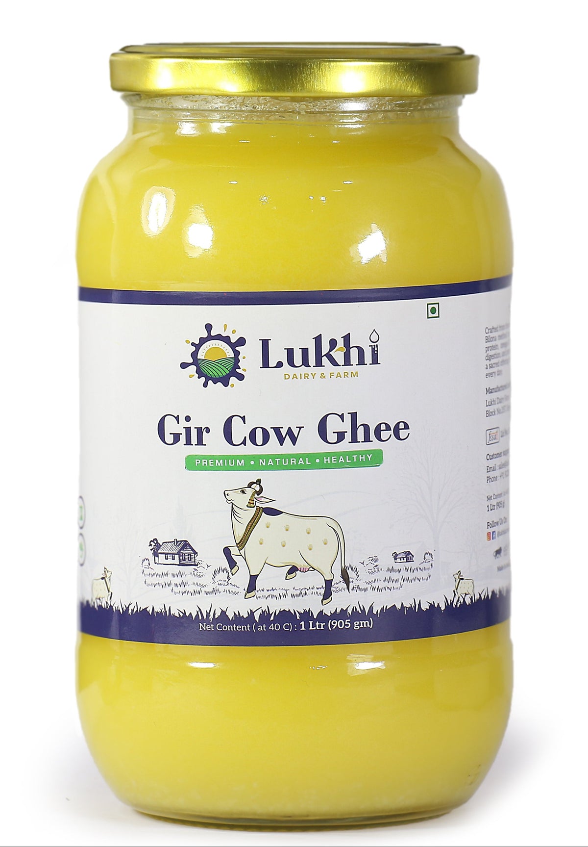Pure A2 Gir Cow Ghee Bilona Method Hand-Churned, Farm Fresh & Traditionally Made | 1.00 L & 0.500 L Packs | Lukhi Dairy Farm Authentic Ghee