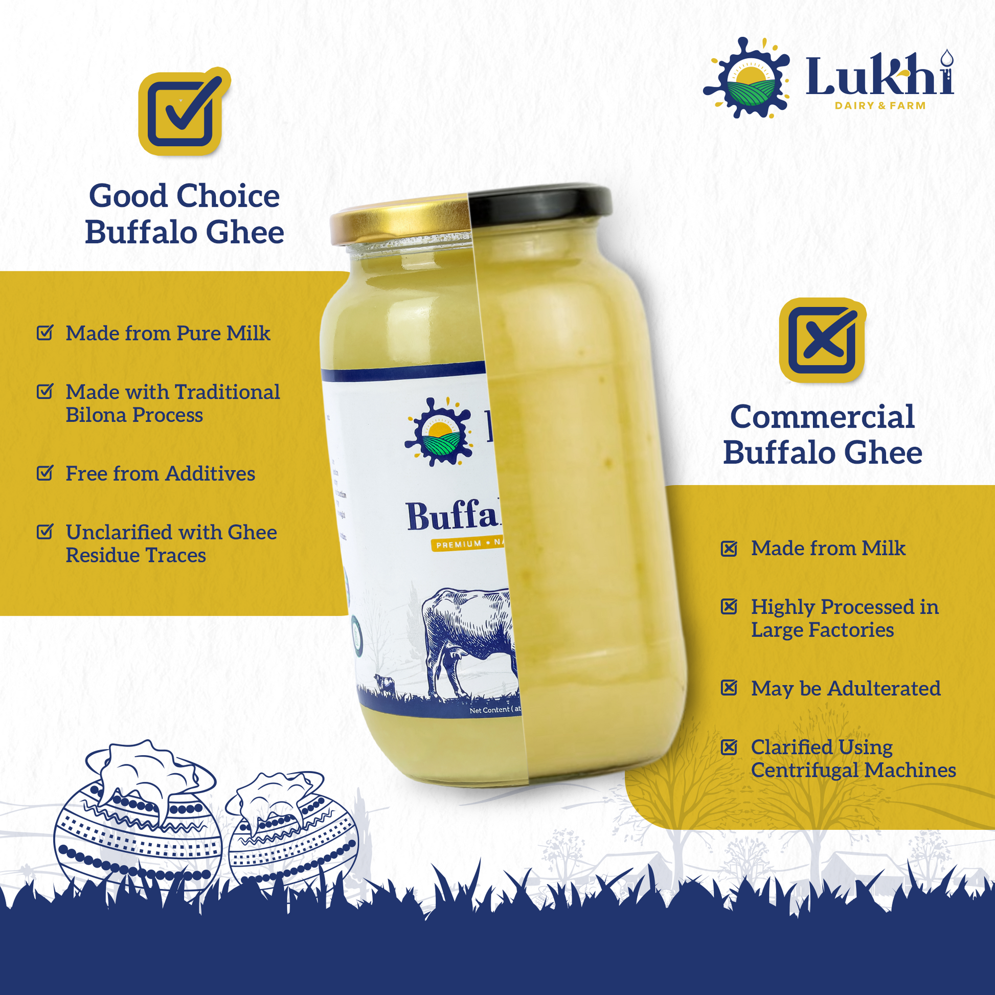Pure Desi Buffalo Ghee – Traditional Bilona Process – Glass Bottle – 1L-100% Natural & Traditional Bilona Method – Premium Desi Ghee
